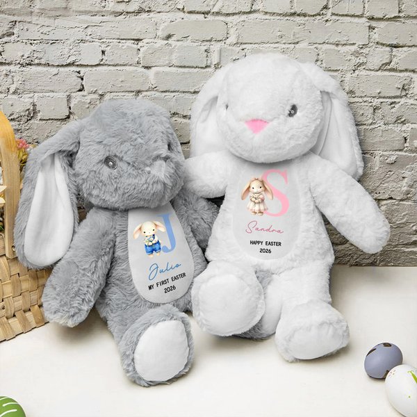 Peluche de conejo personalizado de felpa suave con nombre y año regalo de Pascua y cumpleaños para recién nacidos y niños