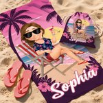 Personalisiertes Strandtuch mit 3D-Cartoon-Charakter | mit Namen | Turnbeutel optional | Reiseaccessoire | Geburtstagsgeschenk für Frauen und Männer