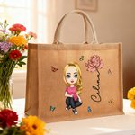 Personalizowana torba jutowa dla kobiet z kwiatem urodzinowym w stylu kreskówkowym i imieniem prezent na ślub urodziny Dzień Matki dla niej