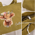 Personalized Highland Cow Large Capacity Corduroy Tote Bag with Name Travel Essential Birthday Gift for Woman Highland Cow Lover