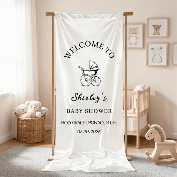Personalized Bow Trojan Horse Sheep Stroller Silk Banner with Name Title and Date Baby Shower Gift for Newborn Parents