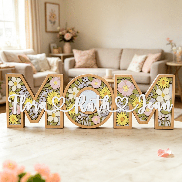 Personalised Mom Floral Wooden Sign with Names Home Decor Mother's Day Birthday Gift for Mom