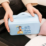 Personalized Cartoon Character PU Leather Wide Opening Makeup Bag with Name and Text Travel Essentials Birthday Gift for Women