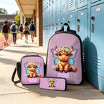 Sac à dos personnalisé avec nom Sac à dos Highland Cow Birth Flower Lunch Bag Trousse à crayons Retour à l'école Cadeau d'anniversaire pour étudiant