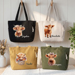 Personalized Highland Cow Large Capacity Corduroy Tote Bag with Name Travel Essential Birthday Gift for Woman Highland Cow Lover