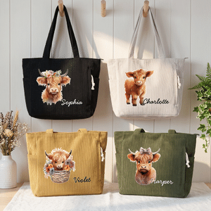 Sac en velours côtelé de grande capacité avec nom Voyage Cadeau d'anniversaire essentiel pour femme Highland Cow Lover