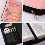 Personalised God Says I Am Birth Flower Butterfly PU Leather Bible Book Cover with Zipper and Carry Handle Baptism Religious Day Gift for Women