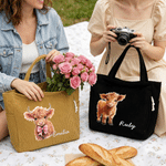 Personalized Highland Cow Large Capacity Corduroy Tote Bag with Name Travel Essential Birthday Gift for Woman Highland Cow Lover