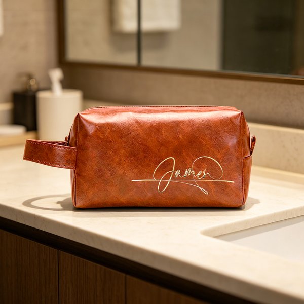 Personalised Waterproof PU Leather Makeup Bag with Name Home Business Trip Father's Day Gift for Man Boyfriend Father