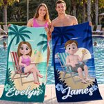 Personalisiertes Strandtuch mit 3D-Cartoon-Charakter | mit Namen | Turnbeutel optional | Reiseaccessoire | Geburtstagsgeschenk für Frauen und Männer