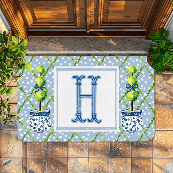 Personalized Chinoiserie Initial Blue White Doormat Home Decor Housewarming Birthday Gift for Family Friend