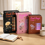 Personalised God Says I Am Birth Flower Butterfly PU Leather Bible Book Cover with Zipper and Carry Handle Baptism Religious Day Gift for Women