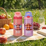 Personalized Birth Flower Highland Cow Name 12 oz Insulated Water Bottle with Straw and Handle Back to School Birthday Gift for Girls