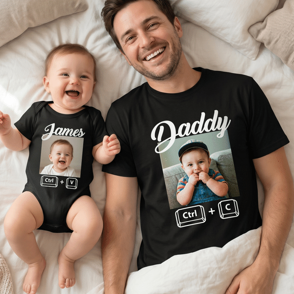 Personalized Photo Ctrl C Ctrl V 100% Cotton T-shirt  Baby Bodysuit Matching Outfit with Name Father's Day Birthday Gift for Dad Grandpa Baby