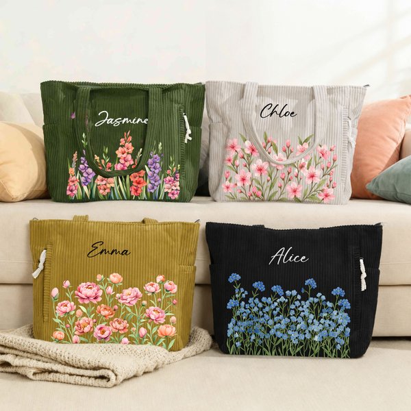 Nom de naissance personnalisé en velours côtelé Sac fourre-tout en velours côtelé de grande capacité avec fermeture éclair et poche frontale Utilisation quotidienne Anniversaire Cadeau de voyage pour 
