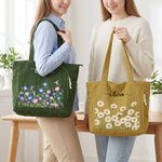 Personlig rymlig tote bag i manchester med namn och akvarell månadsblomma praktisk vardagsväska för resa och present till kvinnor