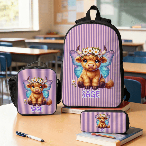 Personalised Multicolor Highland Cow Birth Flower Backpack Lunch Bag Pencil Case Set with Name Back to School Birthday Gift for Student