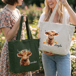 Personalized Highland Cow Large Capacity Corduroy Tote Bag with Name Travel Essential Birthday Gift for Woman Highland Cow Lover