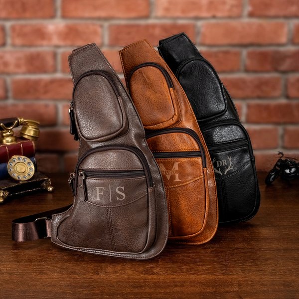 Personalized Minimalist Monogram PU Leather Crossbody Sling Chest Bag Father's Day Birthday Anniversary Gift for Dad Boyfriend Husband