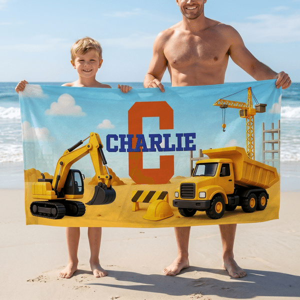 Personalized Construction Truck Design Oversized Quick Dry Beach Towel with Name and InItial Travel Essential Birthday Beach Party  Gift for Kids Boys
