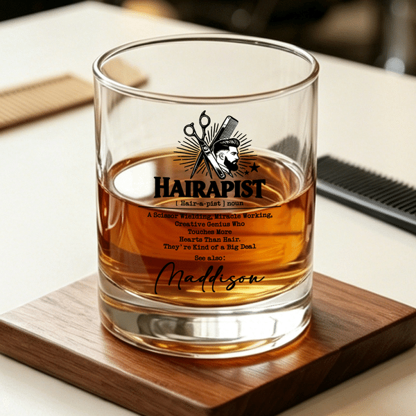 Personalised Hairapist Fun Text 10 oz Rock Whiskey Glass with Name Daily Use Birthday Gift for Hairdresser