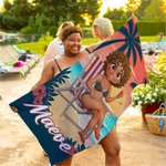 Personalisiertes Strandtuch mit 3D-Cartoon-Charakter | mit Namen | Turnbeutel optional | Reiseaccessoire | Geburtstagsgeschenk für Frauen und Männer