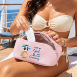 Personalized Cartoon Character PU Leather Wide Opening Makeup Bag with Name and Text Travel Essentials Birthday Gift for Women