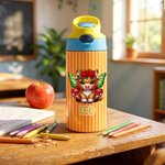 Personalized Birth Flower Highland Cow Name 12 oz Insulated Water Bottle with Straw and Handle Back to School Birthday Gift for Girls