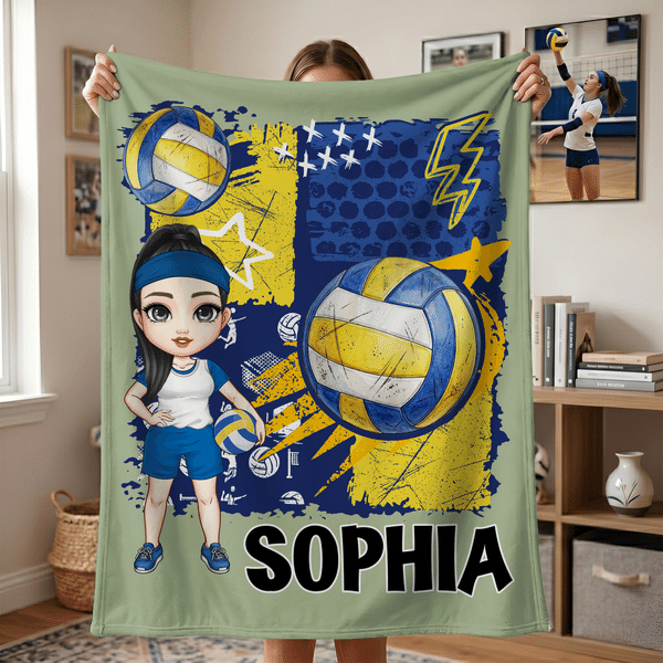 Personalised Volleyball Cartoon Character Soft Throw Blanket with Name Home Decor Team Birthday Gift for Volleyball Players