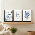 Personalised Watercolor Flower 3-Piece Split Canvas Prints with Name and Initial Nursery Decor Birthday Gift for New Parents