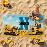 Personalized Construction Truck Design Oversized Quick Dry Beach Towel with Name and InItial Travel Essential Birthday Beach Party  Gift for Kids Boys