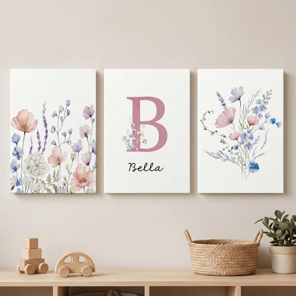 Personalisierte Aquarell Blume 3 Stück Split Canvas Drucke mit Namen und Initialen Kinderzimmer Dekor Schiff aus den USA Geburtstag Geschenk für neue Eltern