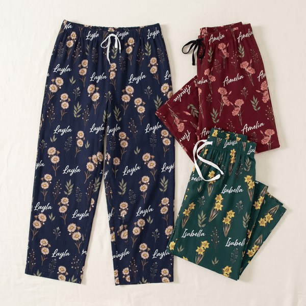 Personalized Birth Flower Soft Skin-Friendly Pajama Pants with Name Daily Use Birthday Gift for Girls Women