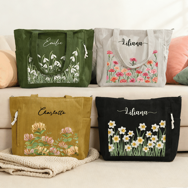 Gepersonaliseerde Watercolor Geboortebloem Grote Capaciteit Corduroy Tote Bag met Naam Dagelijks Gebruik Reizen Verjaardagscadeau voor Vrouwen