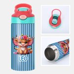 Personalized Birth Flower Highland Cow Name 12 oz Insulated Water Bottle with Straw and Handle Back to School Birthday Gift for Girls