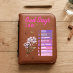 Personalised God Says I Am Birth Flower Butterfly PU Leather Bible Book Cover with Zipper and Carry Handle Baptism Religious Day Gift for Women