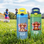 Personalized Birth Flower Highland Cow Name 12 oz Insulated Water Bottle with Straw and Handle Back to School Birthday Gift for Girls