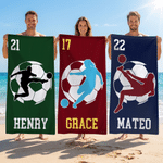 Personalised Soccer Player Silhouette Quick Dry Oversized Beach Towel with Name and Number Beach Party Summer Holiday Gift for Soccer Lovers