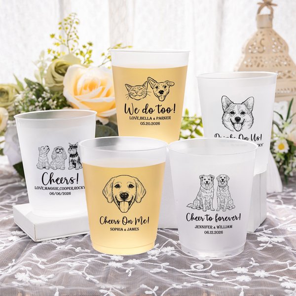 Personalised Line Art Style Pet Photo Disposable Frosted Plastic Cups with Name Set of 10 Daily Use Wedding Party Gift for Guests Newlyweds