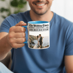 Personalized Unique Newspaper Backdrop Photo 11 oz 15 oz Ceramic Mug with Name and Date Wedding Anniversary Gift for Couples