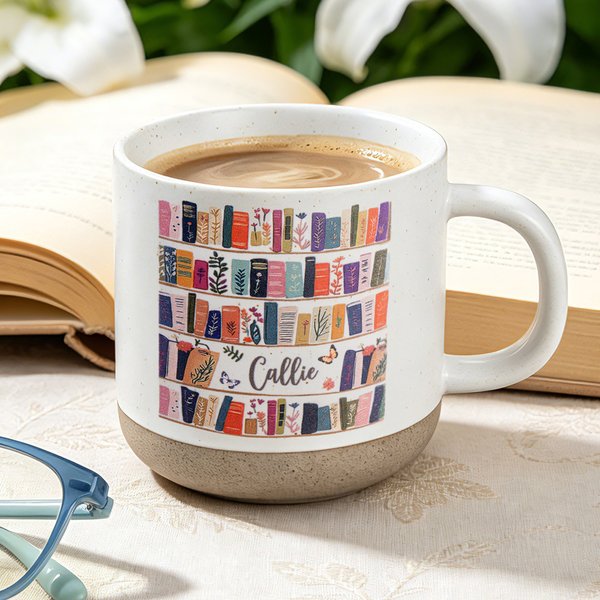 Personalized Vintage Floral Bookshelf Library 11.8 oz Ceramic Mug with Name Daily Drinking Birthday Gift for Book Lovers