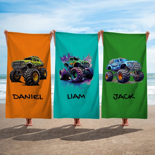 Personalised Colourful Cool Lorry Soft Quick Dry Beach Towel with Name Summer Holiday Birthday Beach Party Gift for Boys Kids Teens Lorry Lovers