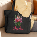 Personalizado Nacimiento Flor Gran Capacidad Bolsa de pana con nombre Uso diario Desplazamientos Cumpleaños Regalo para mujer Trabajador de oficina