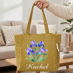 Personalized Birth Flower Large Capacity Corduroy Tote Bag with Name Travel Essential Birthday Anniversary Gift for Woman Besties