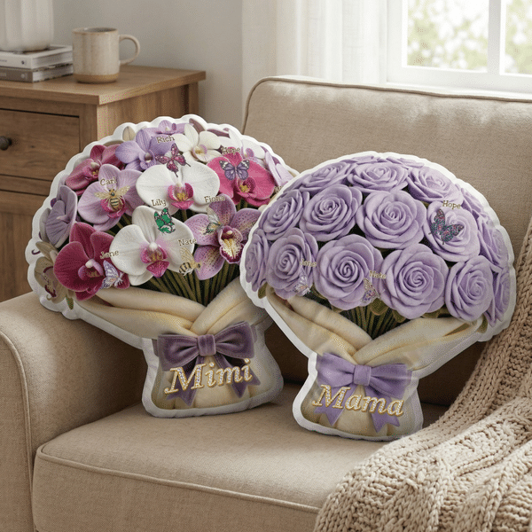 Oreiller personnalisé en forme de bouquet d'abeilles avec 1-10 noms et titres Décoration de la maison Cadeau d'anniversaire de Noël pour maman grand-mère