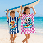 Personalised Cartoon Surfing Animals Quick-Dry Hooded Beach Towel with Name Beach Vacation Pool Party Birthday Gift for Kids Boys Girls
