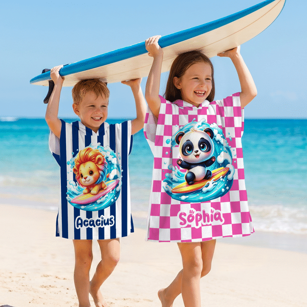 Personalized Cartoon Surfing Animals Quick-Dry Hooded Beach Towel with Name Beach Vacation Pool Party Birthday Gift for Kids Boys Girls