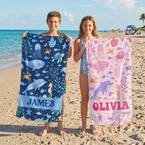 Toalla de playa personalizada con nombre Criaturas del océano de gran tamaño y secado rápido Accesorios de playa Regalo de cumpleaños para niños