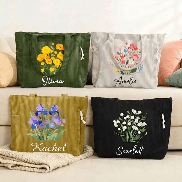 Personalized Birth Flower Large Capacity Corduroy Tote Bag with Name Travel Essential Birthday Anniversary Gift for Woman Besties