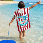 Personalised Cartoon Surfing Animals Quick-Dry Hooded Beach Towel with Name Beach Vacation Pool Party Birthday Gift for Kids Boys Girls
